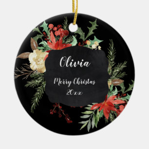 Ornamento De Cerâmica Quadro Floral de Natal Personalizado Preto