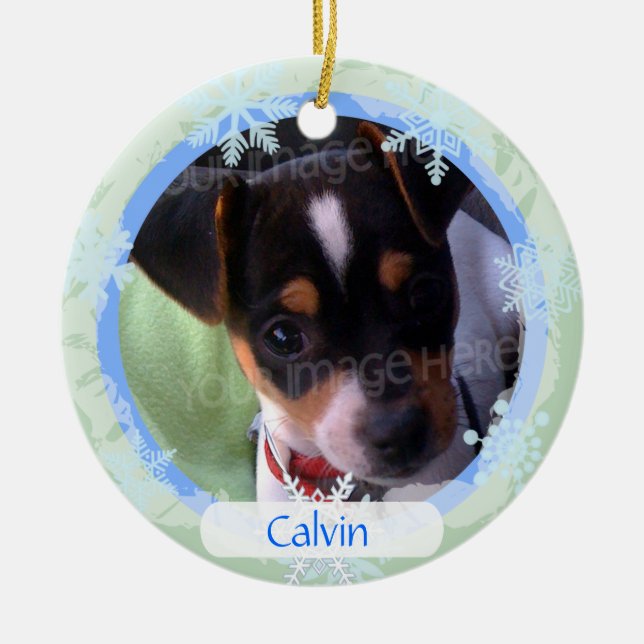 Ornamento De Cerâmica Quadro frente e verso personalizado da foto azul & (Frente)