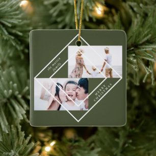 Ornamento De Cerâmica Quadro Moderno Verde Duas Fotografias Feliz Natal