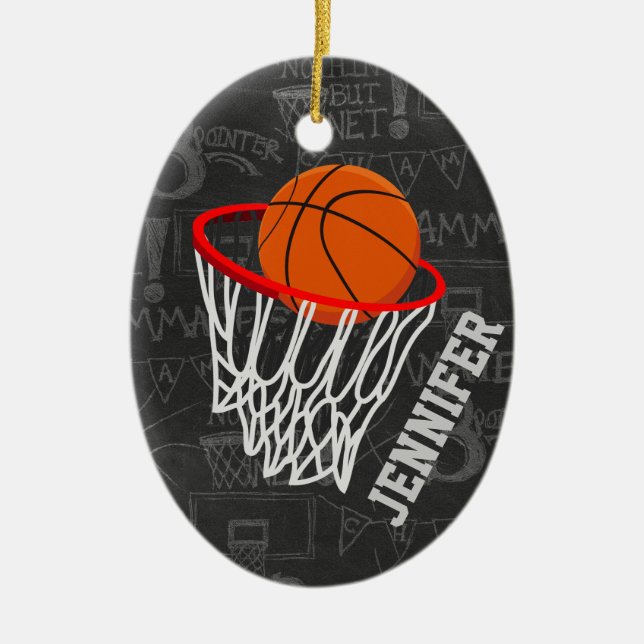 Ornamento De Cerâmica Quadro Personalizado de Basquete e Hoop (Frente)
