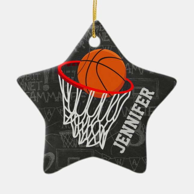 Ornamento De Cerâmica Quadro Personalizado de Basquete e Hoop (Frente)
