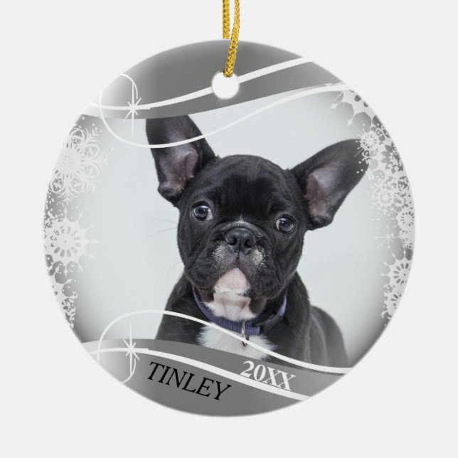 Ornamento De Cerâmica Quadro prateado e floco de neve branco - Fotografi (Frente)