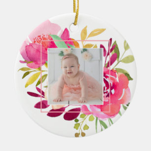 Ornamento De Cerâmica Quadro Quadrado Floral Cor de Água Rosa com Foto
