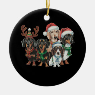 Ornamento De Cerâmica Quatro Cães Dachshund Vestidos Com Roupas Festivas