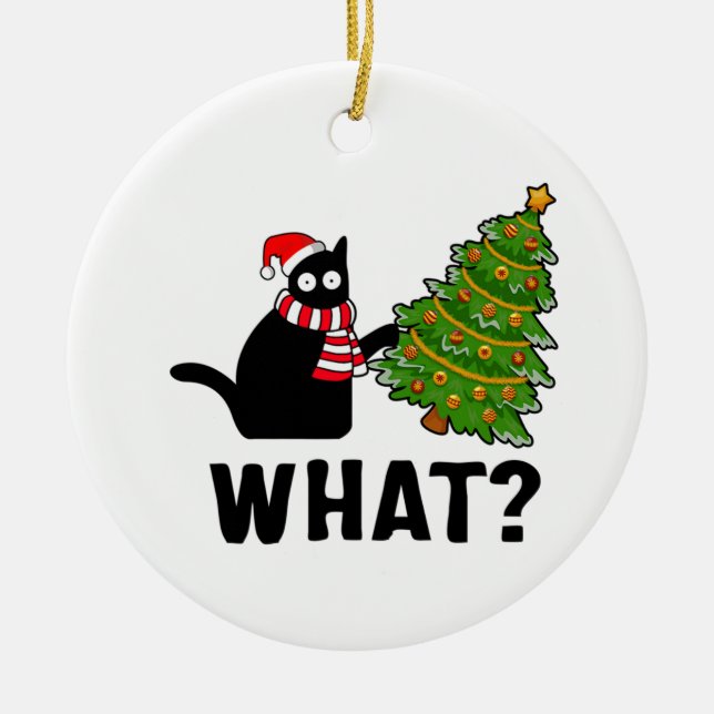 Ornamento De Cerâmica Que gato preto engraçado na árvore de Natal (Frente)