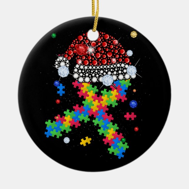 Ornamento De Cerâmica Quebra-cabeça Piece Ribbon Santa Hat Natal Autismo (Frente)