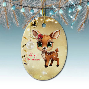 Ornamento De Cerâmica Querida Veado, Fawn, Doce 🦌 🎄 Dourado Feliz Nata