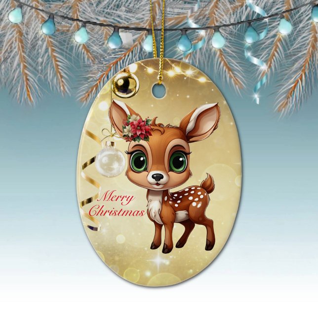 Ornamento De Cerâmica Querida Veado, Fawn, Doce 🦌 🎄 Dourado Feliz Nata (Fun deer Character Woodland Wildlife Fawn, Floral Doe Christmas Festive Gold Oval Xmas Ornament 🦌🎄)