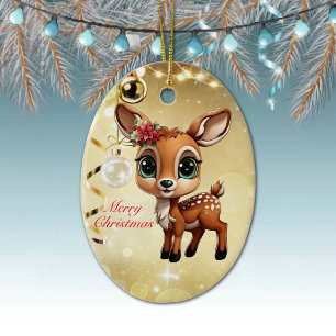 Ornamento De Cerâmica Querida Veado, Fawn, Doce 🦌 🎄 Dourado Feliz Nata