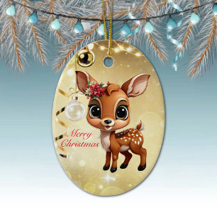 Ornamento De Cerâmica Querida Veado, Fawn, Doce 🦌 🎄 Dourado Feliz Nata