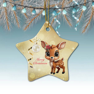 Ornamento De Cerâmica Querida Veado, Fawn, Doce 🦌 🎄 Dourado Feliz Nata