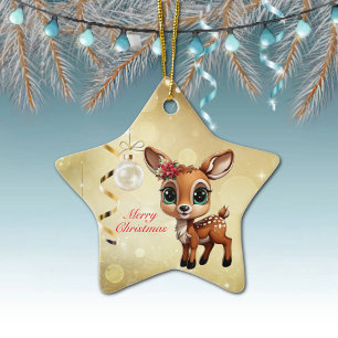 Ornamento De Cerâmica Querida Veado, Fawn, Doce 🦌 🎄 Dourado Feliz Nata