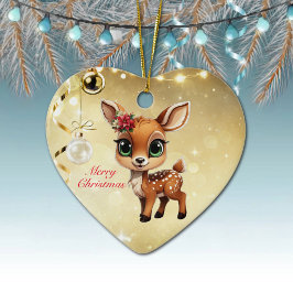 Ornamento De Cerâmica Querida Veado, Fawn, Doce 🦌 🎄 Dourado Feliz Nata