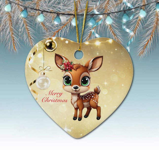 Ornamento De Cerâmica Querida Veado, Fawn, Doce 🦌 🎄 Dourado Feliz Nata (Baby Deer, Floral Fawn, Cute Doe Poinsettia Flower Merry Christmas Gold Heart Ceramic Ornament 🦌🎄)