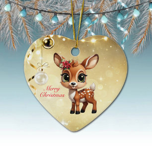 Ornamento De Cerâmica Querida Veado, Fawn, Doce 🦌 🎄 Dourado Feliz Nata