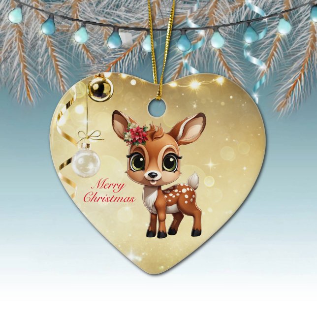 Ornamento De Cerâmica Querida Veado, Fawn, Doce 🦌 🎄 Dourado Feliz Nata (Baby Deer, Floral Fawn, Cute Doe Poinsettia Flower Merry Christmas Gold Heart Ceramic Ornament 🦌🎄)