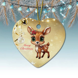 Ornamento De Cerâmica Querida Veado, Fawn, Doce 🦌 🎄 Dourado Feliz Nata