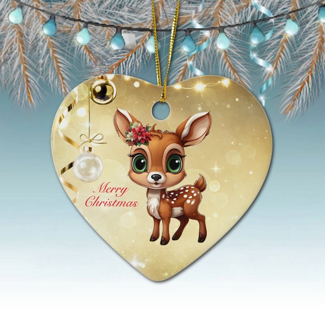 Ornamento De Cerâmica Querida Veado, Fawn, Doce 🦌 🎄 Dourado Feliz Nata (Baby Deer, Floral Fawn, Cute Doe Poinsettia Flower Merry Christmas Gold Heart Ceramic Ornament 🦌🎄)