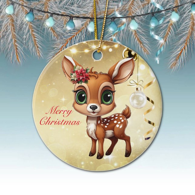 Ornamento De Cerâmica Querida Veado, Fawn, Doce 🦌 🎄 Dourado Feliz Nata (Baby Deer, Fawn, Doe 🦌Poinsettia ForestBabies Merry Christmas 🎄Gold Round Ceramic Ornamen)