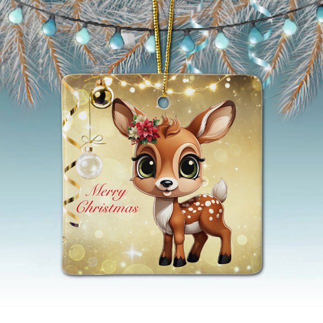 Ornamento De Cerâmica Querida Veado, Fawn, Doce 🦌 🎄 Dourado Feliz Nata (Baby Deer, Floral Fawn, Doe Poinsettia Customizable Merry Christmas Gold Square Ceramic Ornament🦌🎄)