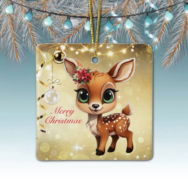 Ornamento De Cerâmica Querida Veado, Fawn, Doce 🦌 🎄 Dourado Feliz Nata (Baby Deer, Floral Fawn, Doe Poinsettia Customizable Merry Christmas Gold Square Ceramic Ornament🦌🎄)