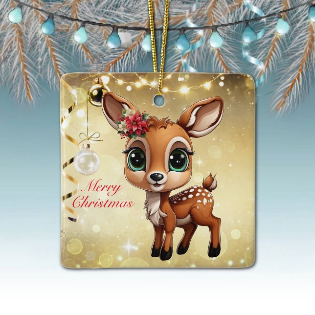 Ornamento De Cerâmica Querida Veado, Fawn, Doce 🦌 🎄 Dourado Feliz Nata (Baby Deer, Floral Fawn, Doe Poinsettia Customizable Merry Christmas Gold Square Ceramic Ornament🦌🎄)