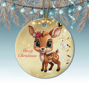 Ornamento De Cerâmica Querida Veado, Fawn, Doce 🦌 🎄 Dourado Feliz Nata