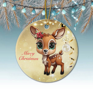 Ornamento De Cerâmica Querida Veado, Fawn, Doce 🦌 🎄 Dourado Feliz Nata