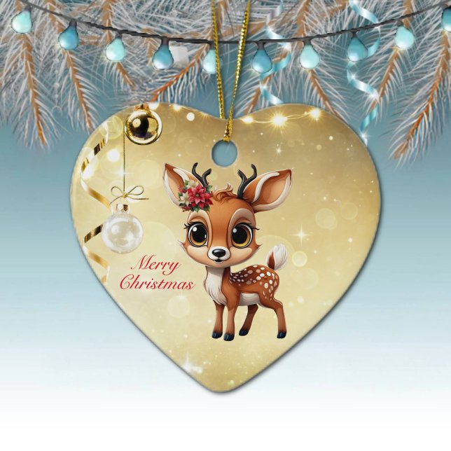 Ornamento De Cerâmica Querida Veado, Fawn, Doe, Reindeer 🦌 🎄 Feliz Nat (Baby Deer, Floral Fawn, Cute Doe Poinsettia Flower Merry Christmas Gold Heart Ceramic Ornament 🦌🎄)