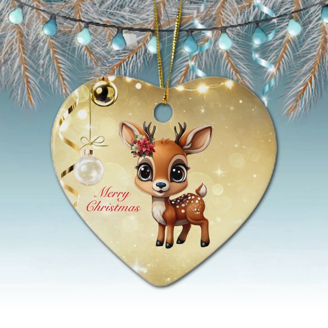 Ornamento De Cerâmica Querida Veado, Fawn, Doe, Reindeer 🦌 🎄 Feliz Nat (Reindeer, Floral Fawn, Cute Doe Poinsettia Flower Merry Christmas Gold Heart Ceramic Ornament 🦌🎄)