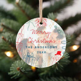 Ornamento De Cerâmica Quirky Colorful Christmas Doodle Photo Overlay