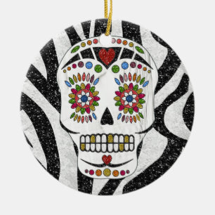 Ornamento De Cerâmica RAB Rockabilly Açúcar Caveira em Estampa de Zebra