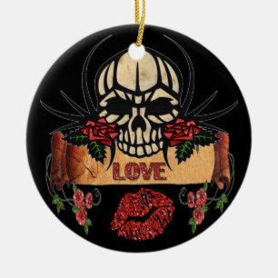 Ornamento De Cerâmica RAB Rockabilly Caveira Rosas Amor Batom