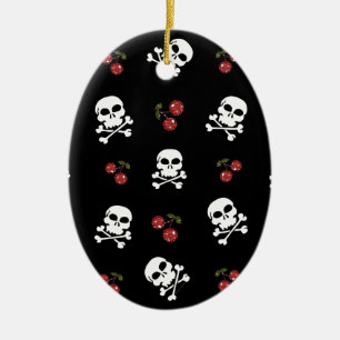 Ornamento De Cerâmica RAB Rockabilly Caveiras e Cerejas em Preto