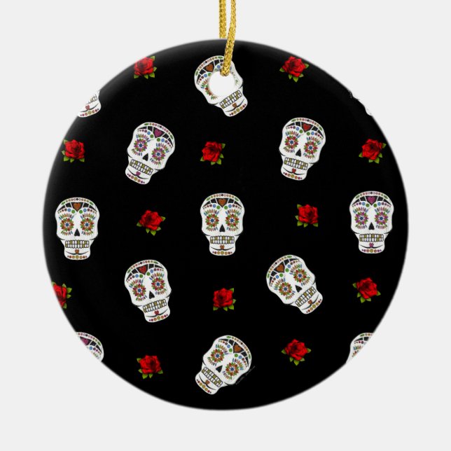 Ornamento De Cerâmica RAB Rockabilly Sugar Skulls Roses On Black (Frente)