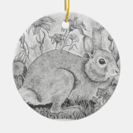 Ornamento De Cerâmica Rabbit fica entre flores silvestres