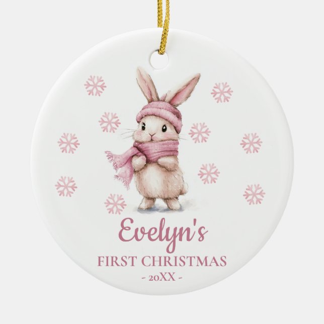 Ornamento De Cerâmica Rabbit Personalized Girl's First Christmas (Frente)