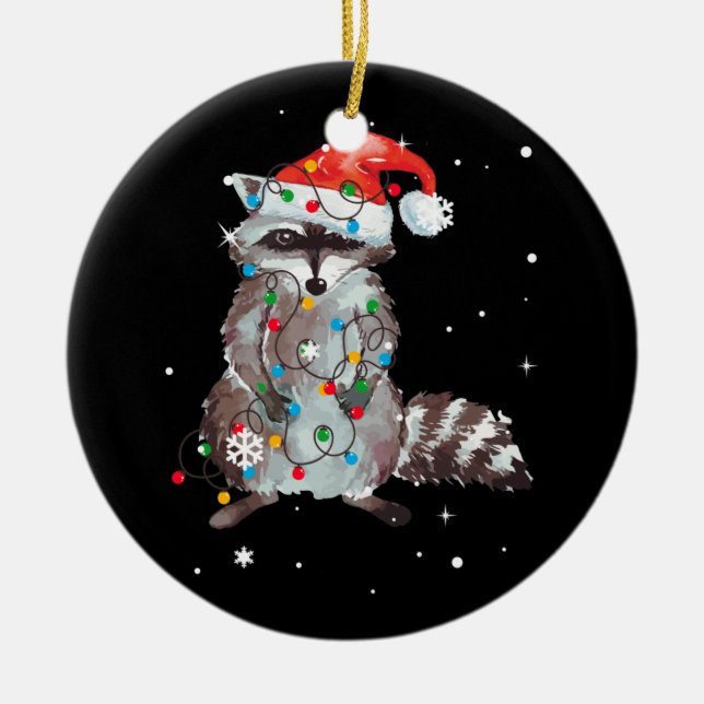 Ornamento De Cerâmica Raccoon Christmas Tree Lights Pajama Racoon Lover (Frente)