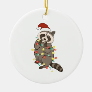 Ornamento De Cerâmica Raccoon Felry Christmas Lights Santa Hat Xmas Snow