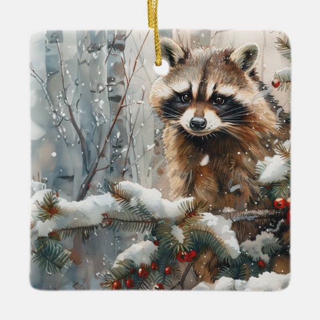 Ornamento De Cerâmica Raccoon Winter Scenge - Wildlife Ornament (Frente)