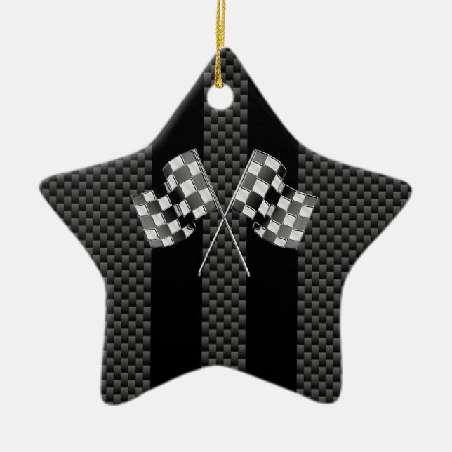 Ornamento De Cerâmica Racing Flags on Black Stripes Carbon Fiber Style (Frente)