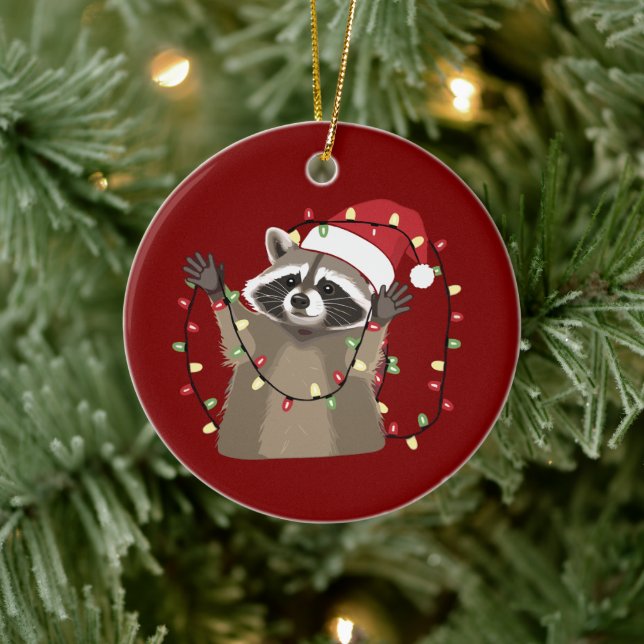 Ornamento De Cerâmica Racoon Lover Christmas Lights Animal Santa Hat (Árvore)