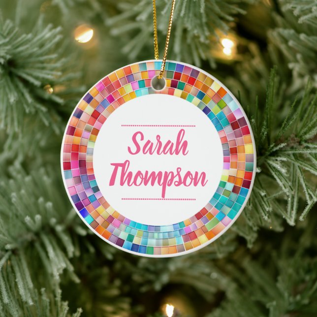 Ornamento De Cerâmica Rainbow Glass Mosaic Circle Frame Name (Árvore)