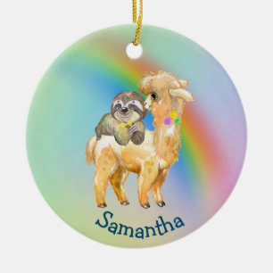 Ornamento De Cerâmica Rainbow Llama Sloth Personalizado Adorável
