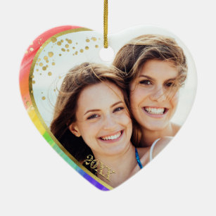 Ornamento De Cerâmica Rainbow & Photo LGBT Love is Love Watercolor