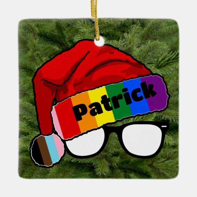 Ornamento De Cerâmica Rainbow Santa Hat com óculos (Frente)