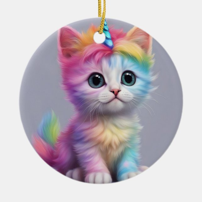 Ornamento De Cerâmica Rainbow Unicorn Kitten (Frente)