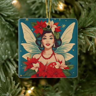Ornamento De Cerâmica Rainha da Beleza Pin-Up de Natal Tropical dos Anos
