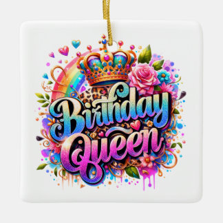 Ornamento De Cerâmica Rainha de Aniversário Arco-Íris Floral