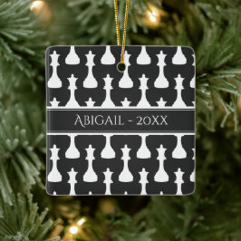 Ornamento De Cerâmica Rainha de Xadrez Personalizada Preta, Natal Branco